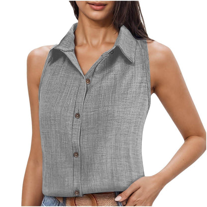 Women's Cotton Linen Button Shirt - Stylish Sleeveless Cardigan Top - Buy Center US