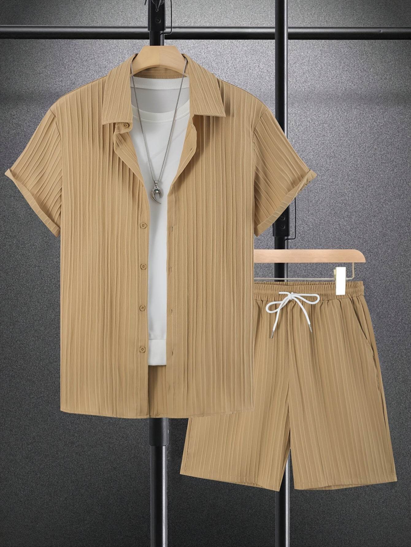 Men's Trendy Casual Short Sleeve 2pcs Set - Wave Texture Fabric - Buy Center US
