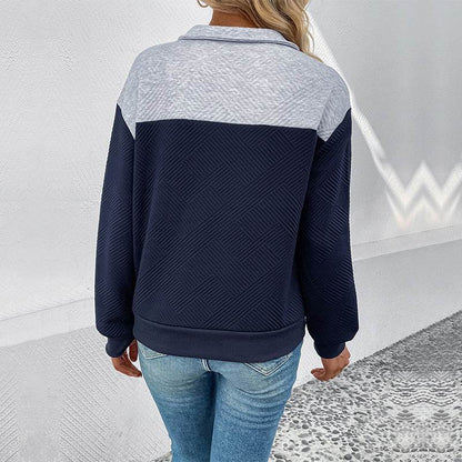 Women's Long-Sleeved Lapel Sweater - Color Matching in Dark Blue - Buy Center US