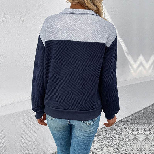 Women's Long-Sleeved Lapel Sweater - Color Matching in Dark Blue - Buy Center US
