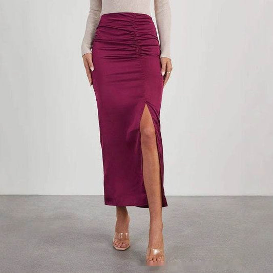 Elegant Satin Sheath Dress with Draping - Available in Black, Wine Red, Peacock Green - Buy Center US
