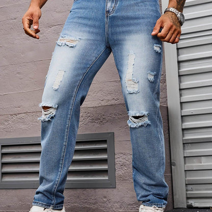 Men's Distressed Light Blue Denim Jeans - Casual Straight Leg for Summer - Buy Center US