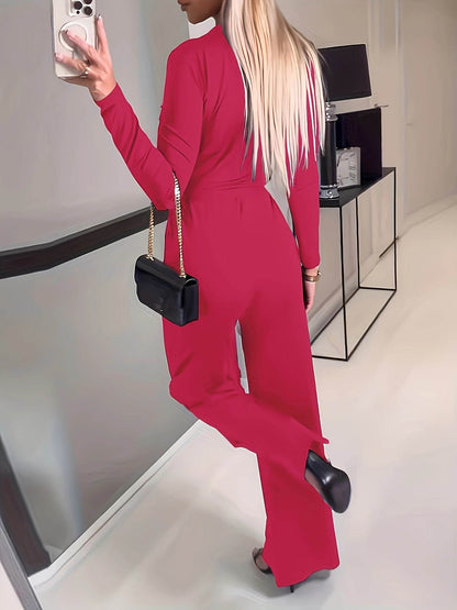 Women's Slimming V-neck Bow Tie Waist Jumpsuit - Casual Spring & Autumn - Buy Center US