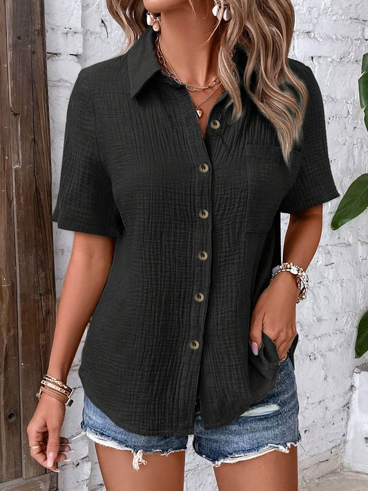Hic Women's V-Neck Blouse - Casual Short Sleeve Button-Up, Solid White - Buy Center US