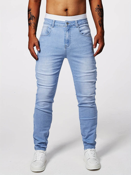 Slim-Fit Men's Solid Denim Pants - Casual Cotton Blend for Outdoors - Buy Center US