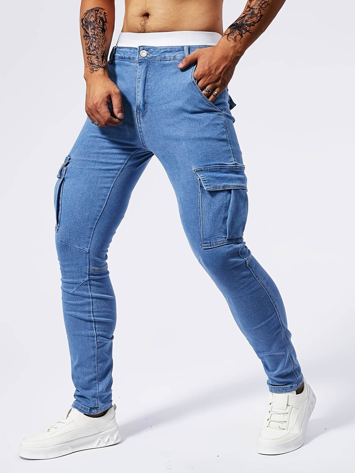 Men's Slim-Fit Denim Cargo Pants - Stretch, Multi-Pocket, Trendy Style - Buy Center US