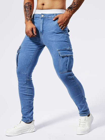 Men's Slim-Fit Denim Cargo Pants - Stretch, Multi-Pocket, Trendy Style - Buy Center US