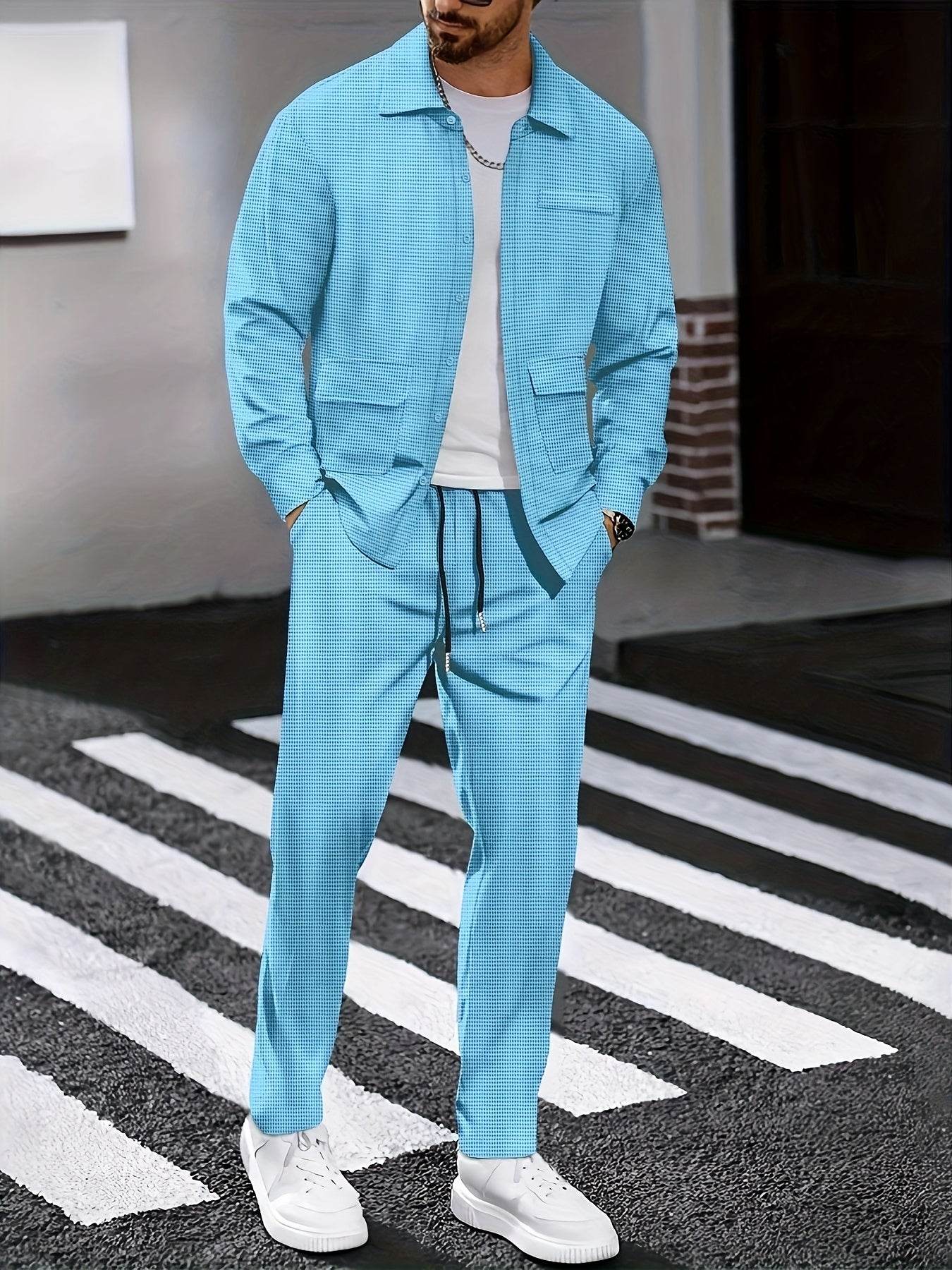 Men's Versatile Long-Sleeve Shirt & Jogger Set - 8 Shades for Every Occasion - Buy Center US