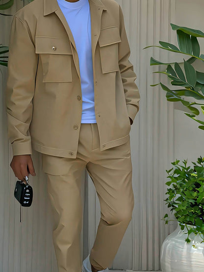 2025 Men's Workwear Set - Solid Long Sleeve, Multiple Pockets for Casual Wear - Buy Center US