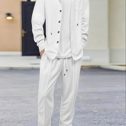Men's Two-Piece Waffle Knit Set - Hooded Cardigan & Drawstring Pants - Buy Center US