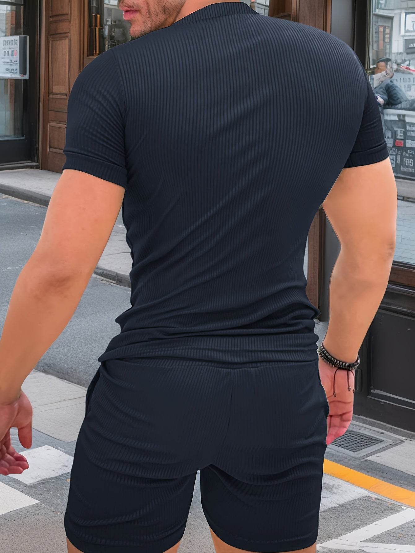 Men's Casual Two-Piece Set - Solid Color Short Sleeve Top & Drawstring Shorts - Buy Center US