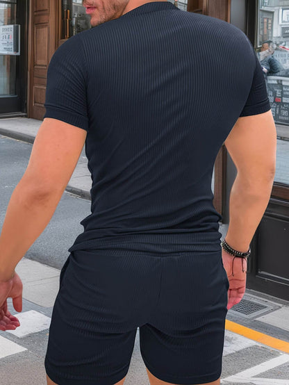 Men's Casual Two-Piece Set - Solid Color Short Sleeve Top & Drawstring Shorts - Buy Center US