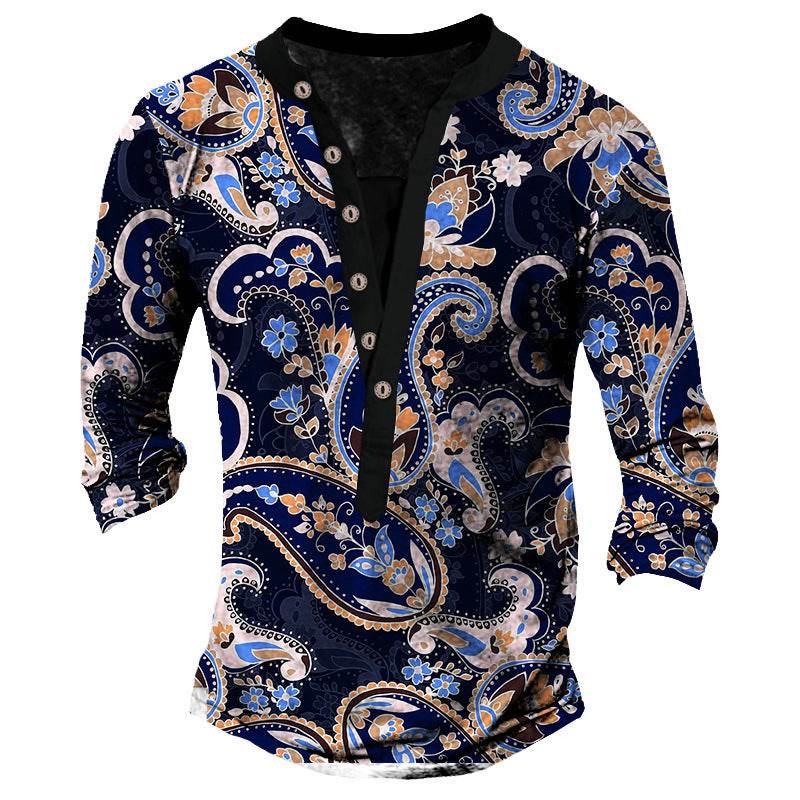 Printed Retro Fashion Casual Henry Neck T-shirt - Long Sleeves, Comfortable Fit - Buy Center US