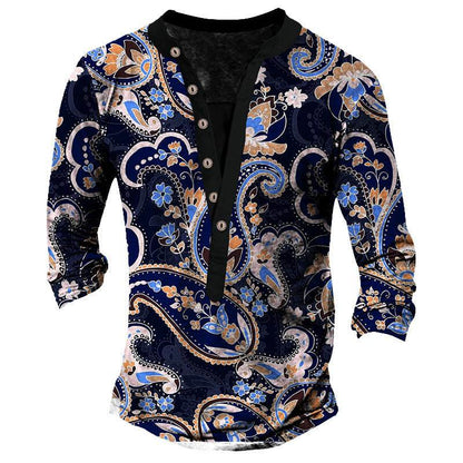 Printed Retro Fashion Casual Henry Neck T-shirt - Long Sleeves, Comfortable Fit - Buy Center US
