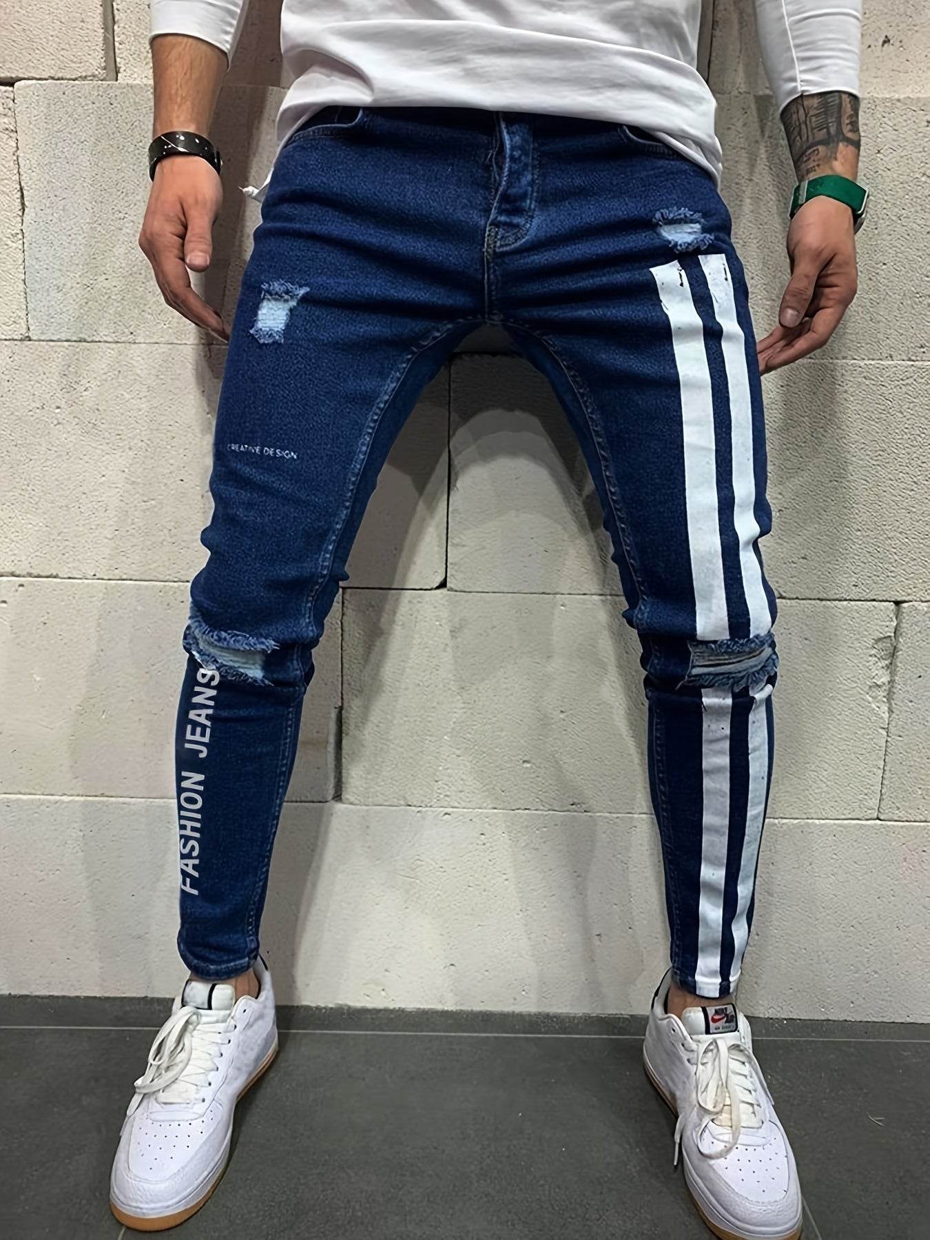 Men's Slim Fit Stretchy Denim Jeans - Casual Side Stripes Design - Buy Center US