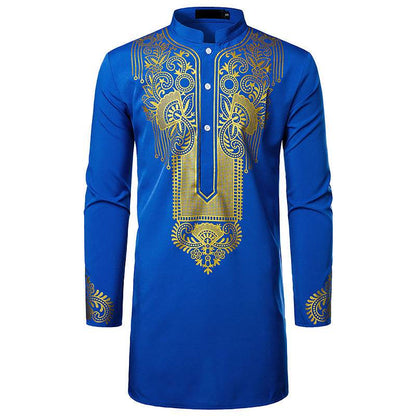 Buycenter Men's African Printed Long Shirt - Casual Style, Stand-Up Collar - Buy Center US