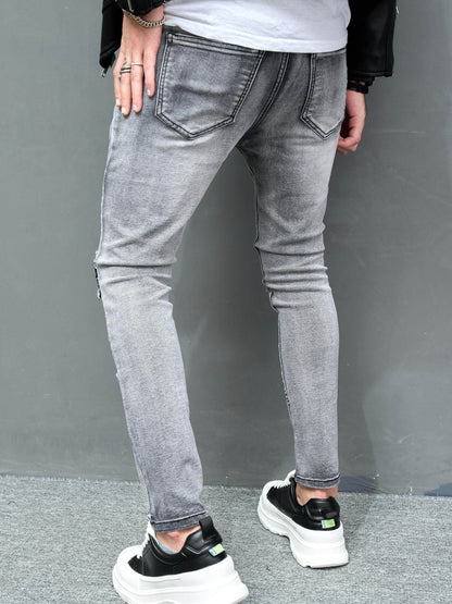 2023 Retro Distressed Knee Ripped Jeans - Light Blue Cotton Slim Fit - Buy Center US