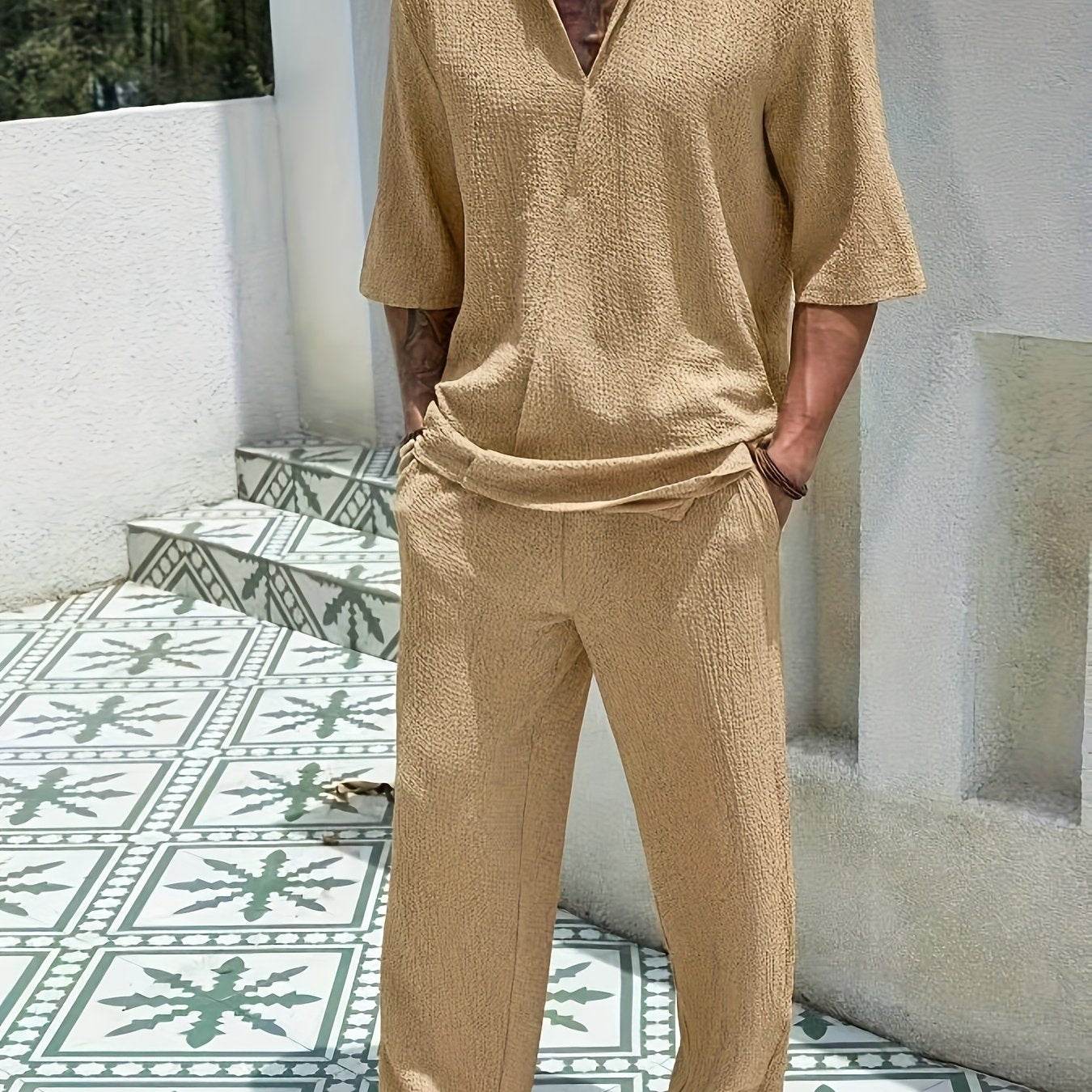 Men's Casual Summer T-Shirt & Pants Set - Light Blue V-Neck Style - Buy Center US