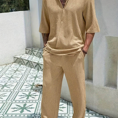 Men's Casual Summer T-Shirt & Pants Set - Light Blue V-Neck Style - Buy Center US