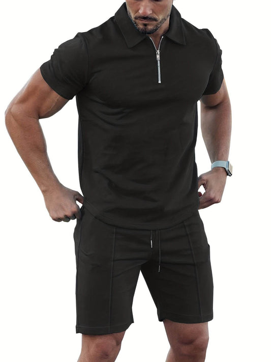 Men's 2-Piece Solid Color Sports Suit - Zip-Up Shirt & Drawstring Shorts - Buy Center US