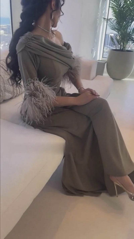 Elegant Feather Stitching Jumpsuit - High Waist in Lotus Root Pink & Gray Green - Buy Center US
