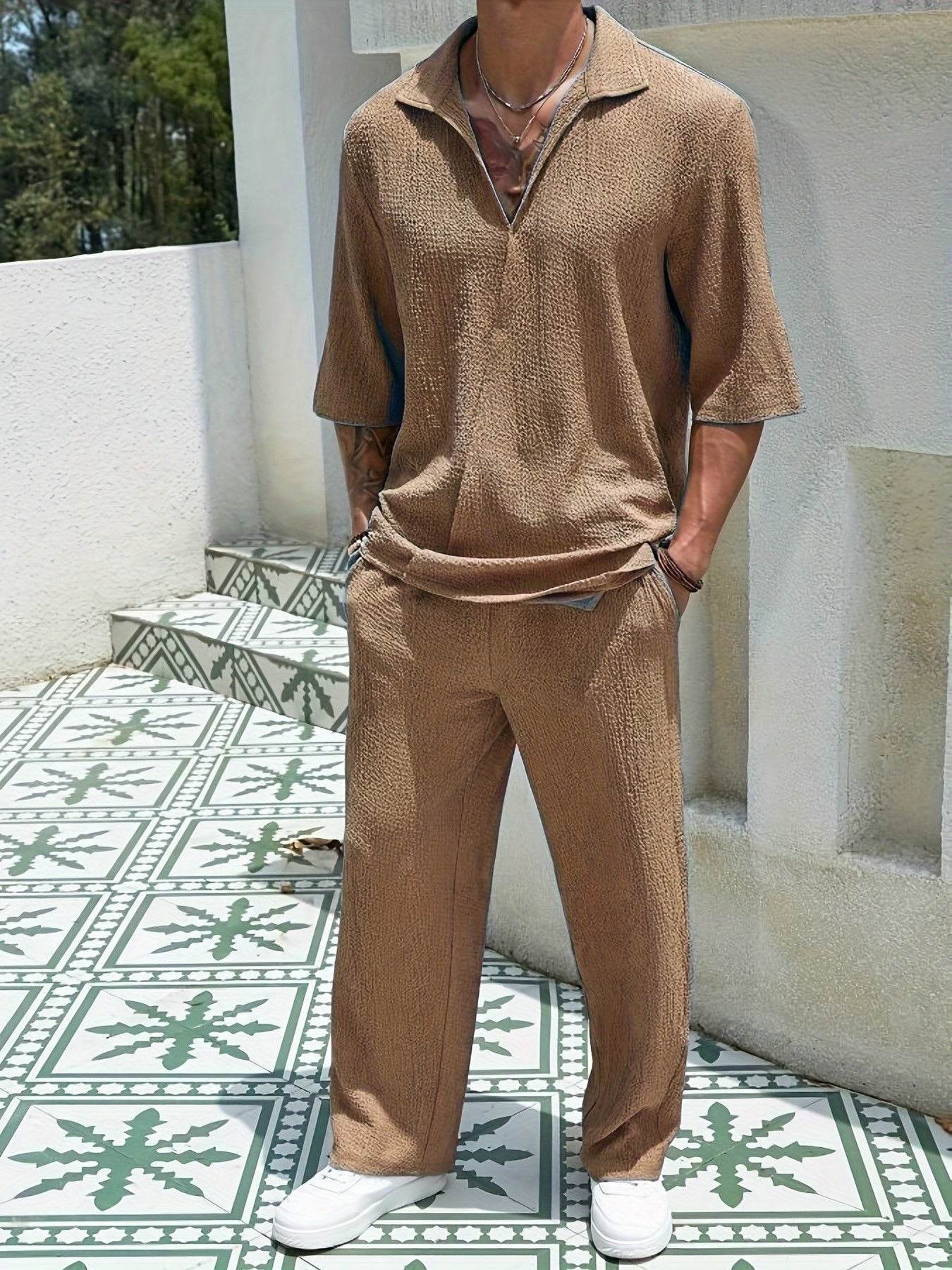 Men's Casual Two-Piece Suit - Short Sleeve Drop Shoulder Summer Style - Buy Center US