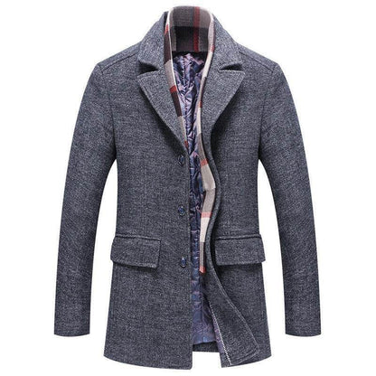 Buycenter Men's Woolen Coat with Polo Collar & Cotton Scarf - Fall Winter Style - Buy Center US