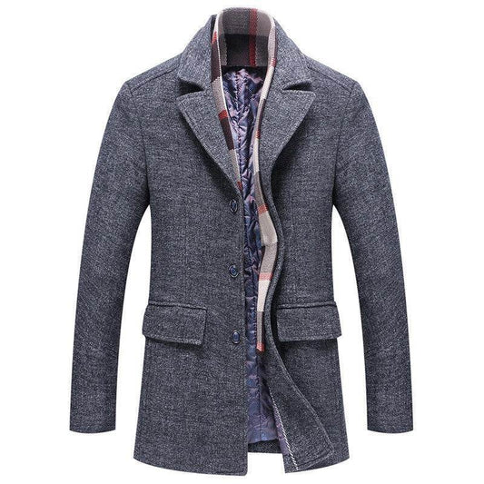 Buycenter Men's Woolen Coat with Polo Collar & Cotton Scarf - Fall Winter Style - Buy Center US
