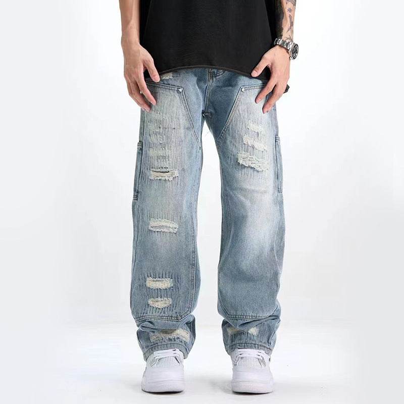 Washed & Frayed Ripped Jeans for Men - Casual Light Blue Retro Style - Buy Center US