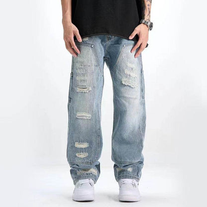 Washed & Frayed Ripped Jeans for Men - Casual Light Blue Retro Style - Buy Center US