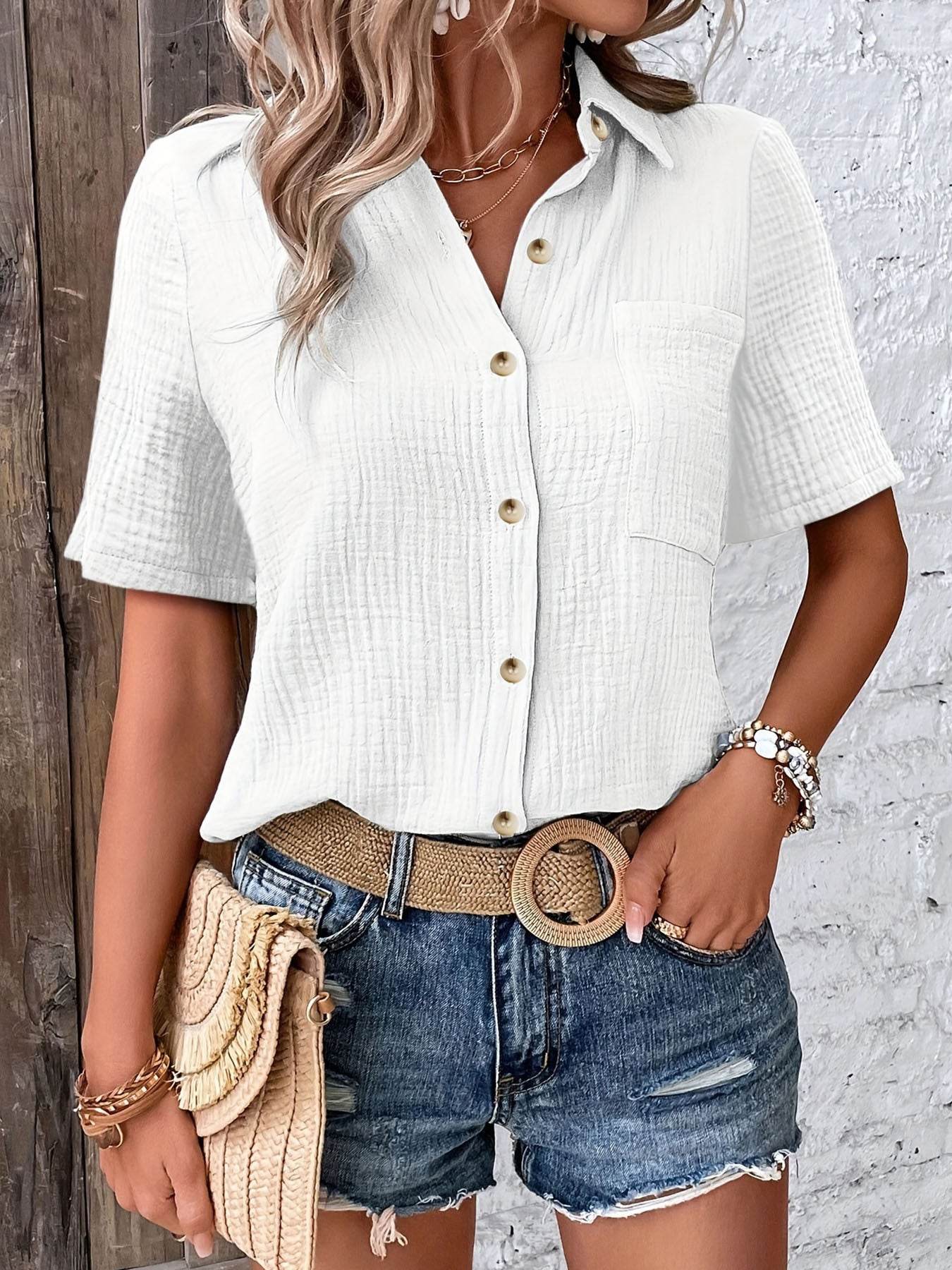 Hic Women's V-Neck Blouse - Casual Short Sleeve Button-Up, Solid White - Buy Center US