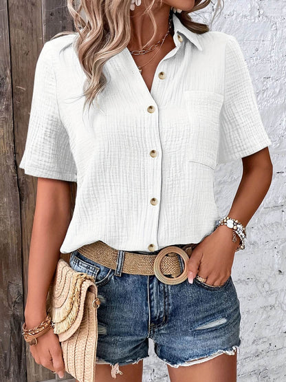 Hic Women's V-Neck Blouse - Casual Short Sleeve Button-Up, Solid White - Buy Center US