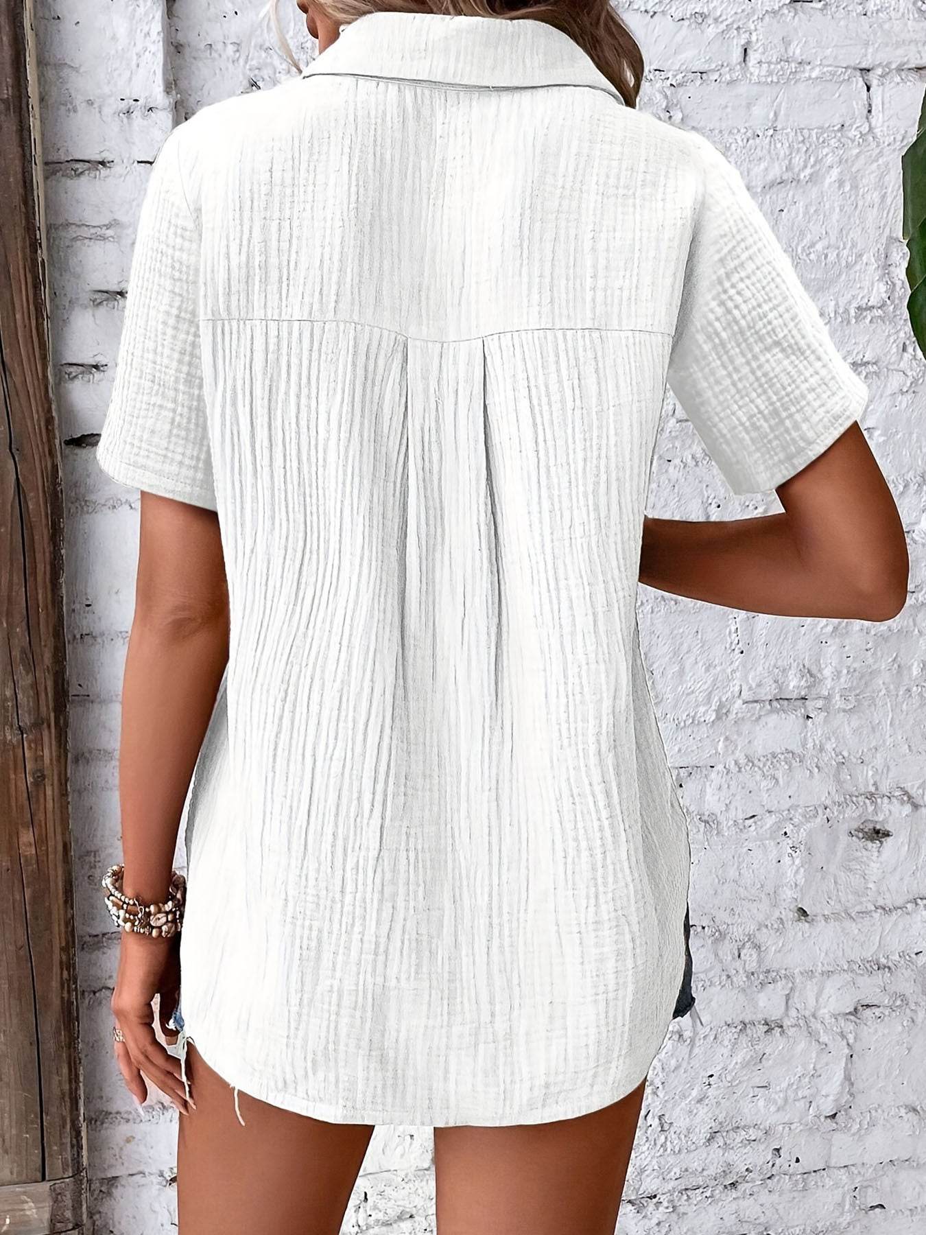 Hic Women's V-Neck Blouse - Casual Short Sleeve Button-Up, Solid White - Buy Center US