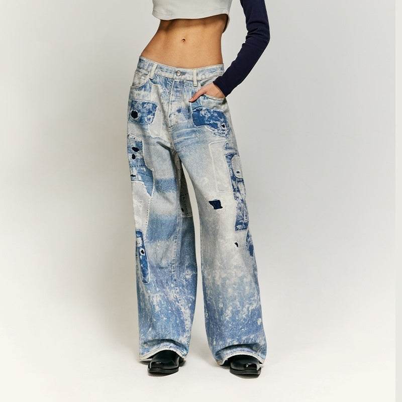 Washed Tie-Dyed Cotton Jeans for Youth - Straight-Leg Mid Waist Style - Buy Center US