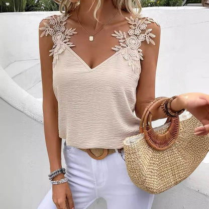 Women's Solid Color V-Neck Sling Top - Casual Patchwork Loose Fit - Buy Center US