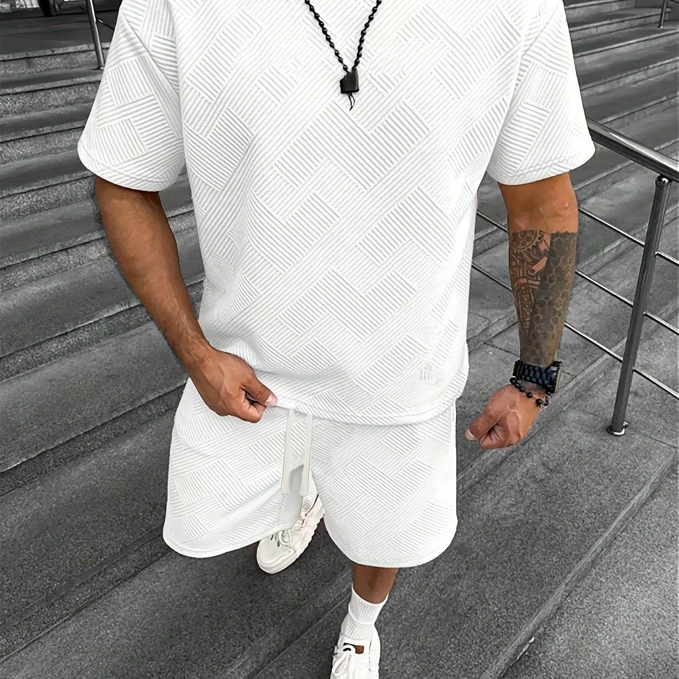 Men's Summer Houndstooth Knitted T-Shirt & Shorts Set - Casual Sports Outfit - Buy Center US