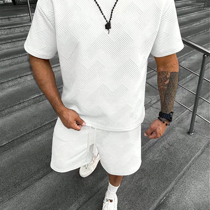 Men's Summer Houndstooth Knitted T-Shirt & Shorts Set - Casual Sports Outfit - Buy Center US