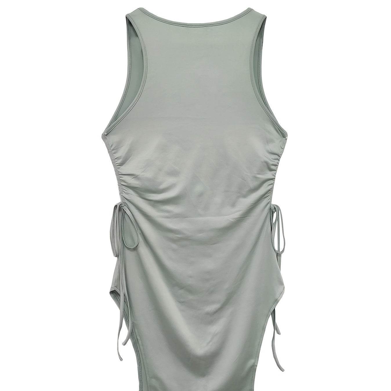 Women's Solid Color Round Neck Dress - Sleeveless with Drawstring Slit - Buy Center US
