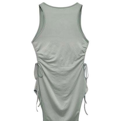 Women's Solid Color Round Neck Dress - Sleeveless with Drawstring Slit - Buy Center US