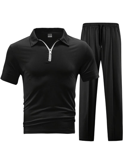 Men's Casual Knit Set - Zipper Short Sleeve Shirt & Drawstring Pants - Buy Center US