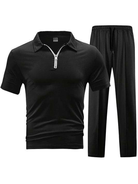 Men's Casual Knit Set - Zipper Short Sleeve Shirt & Drawstring Pants - Buy Center US