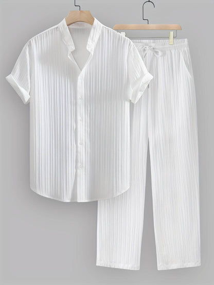 Men's Summer Casual Outfit Set - Striped Short Sleeve Shirt & Drawstring Pants - Buy Center US