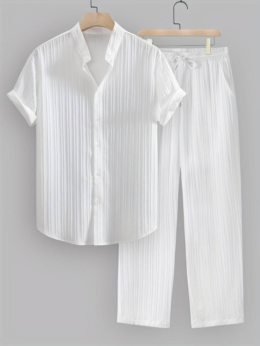 Men's Summer Casual Outfit Set - Striped Short Sleeve Shirt & Drawstring Pants - Buy Center US
