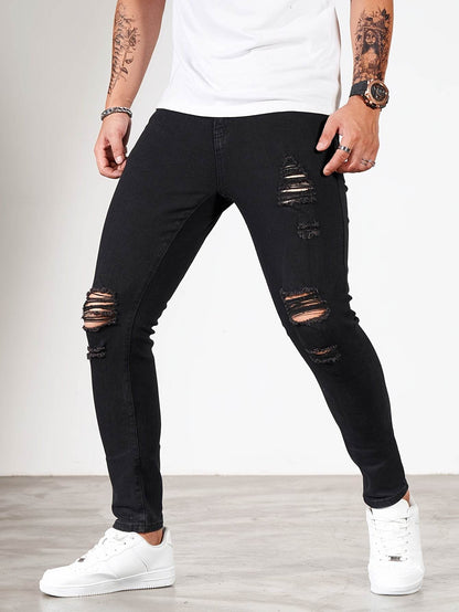 Men's Ripped Skinny Jeans - Stretch Denim Casual Wear | Distressed White/Black - Buy Center US