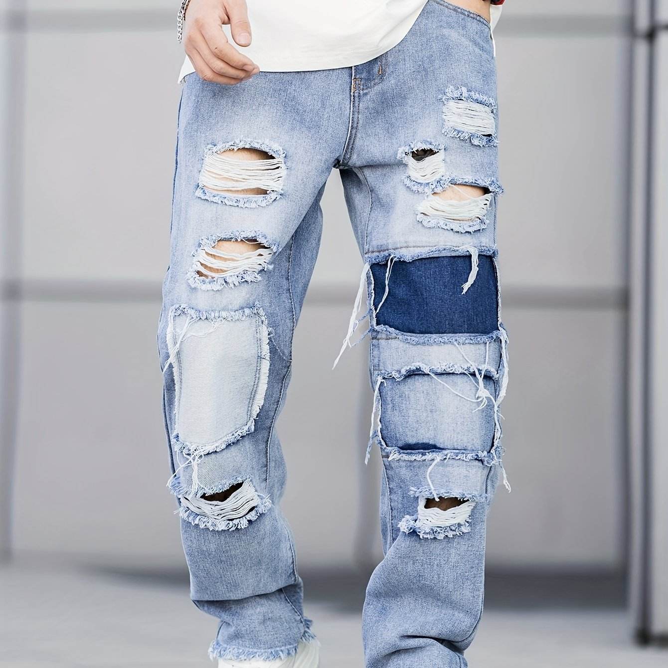 Men's Loose Blue Denim Trousers - Ripped Casual Street Style - Buy Center US