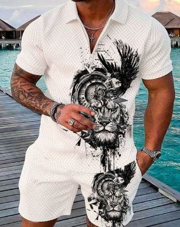 Men's Summer 3D Printed Geometric Zip Lapel Shirt Set - Hip Hop Style - Buy Center US