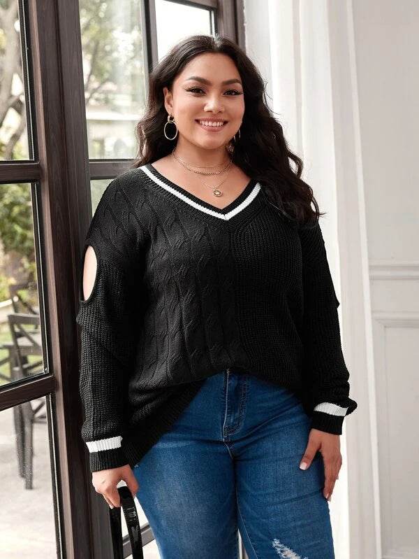 Women's Large Size V-Neck Sweater - Abstract Color Blocking Design - Buy Center US