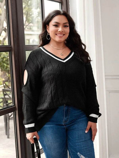 Women's Large Size V-Neck Sweater - Abstract Color Blocking Design - Buy Center US