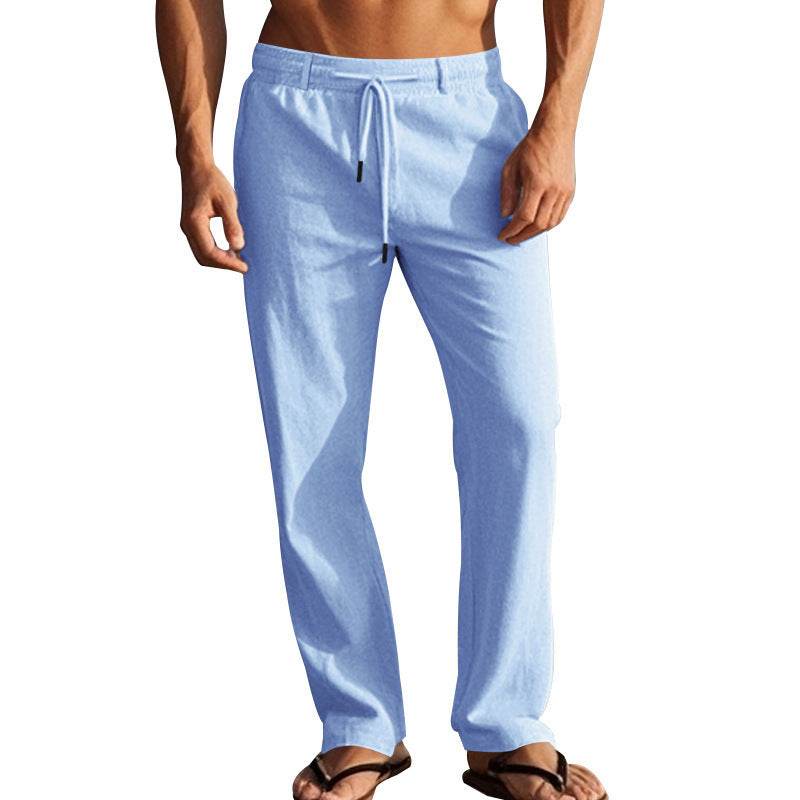 Men's Casual Solid Color Cotton Linen Trousers - Drawstring & Straight-Leg - Buy Center US