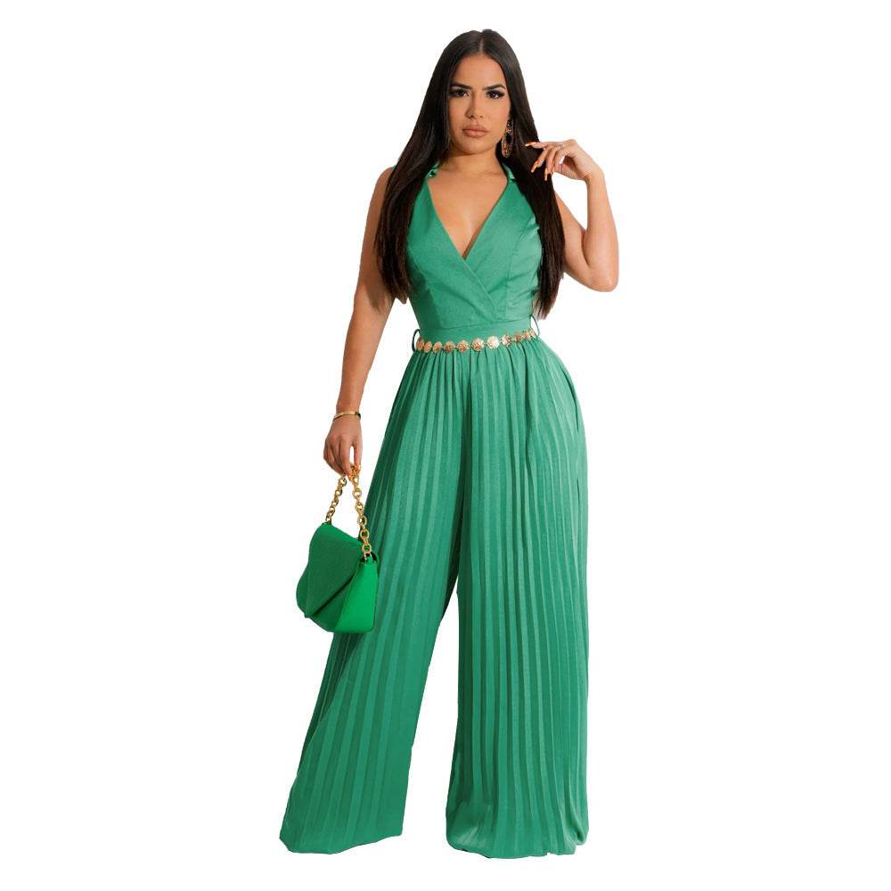 Cinched Pleated Wide Leg Jumpsuit - High Elasticity, Stylish Fit - Buy Center US